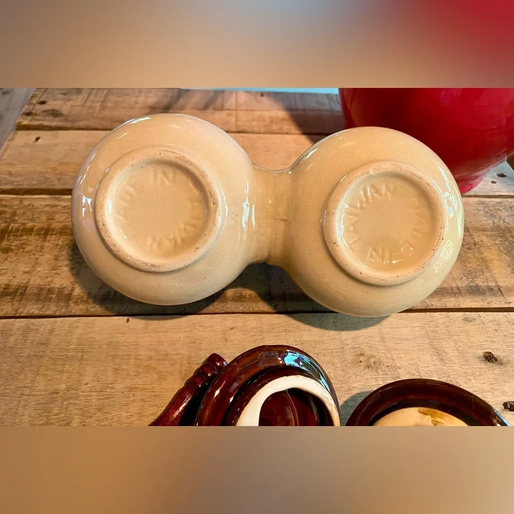 🔥Brown Drip Condiment Double Bowl with Lids & Spoons🔥